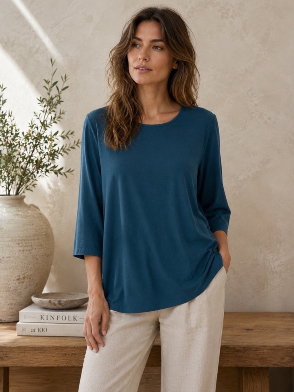 Eileen Fisher lightweight viscose jersey ballet neck top in Nile, NWT, Large
